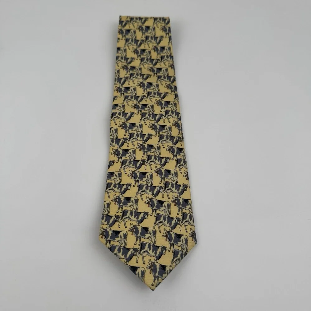 Beaufort Silk Tie Novelty Cow Lovers Print Italy Made Butter Yellow Gift Preppy